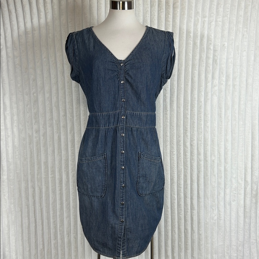 Jessica Simpson short cap sleeve snap down denim chambray shirt dress M